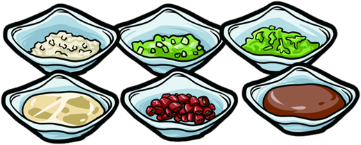 Six small bowls of dipping sauces